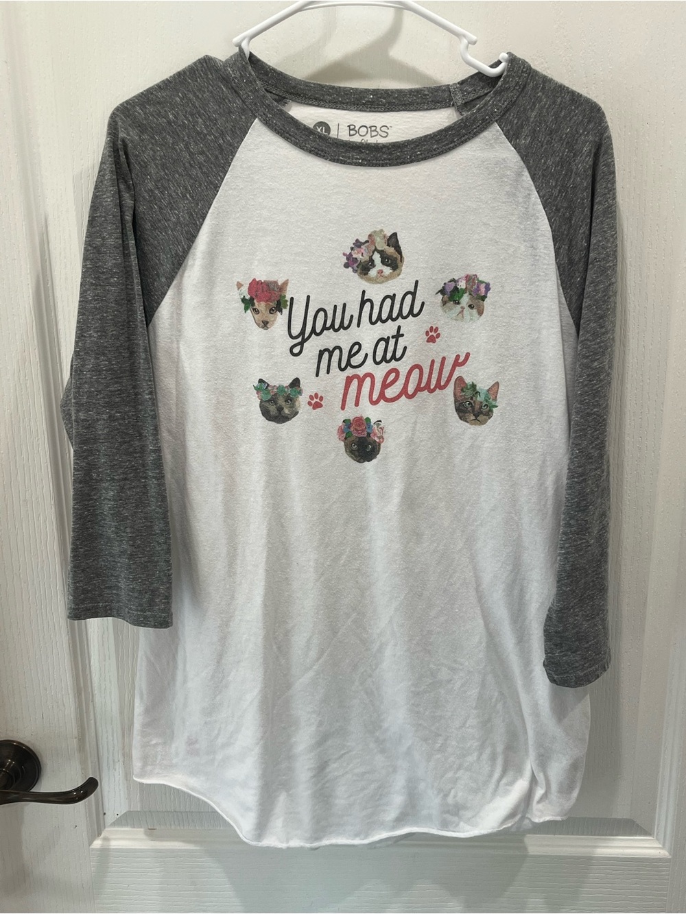 Skechers Bobs Gray & White Raglan 'You Had Me at Meow' Cat Graphic Tee Xl